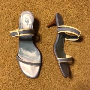 Blue and white strap heel